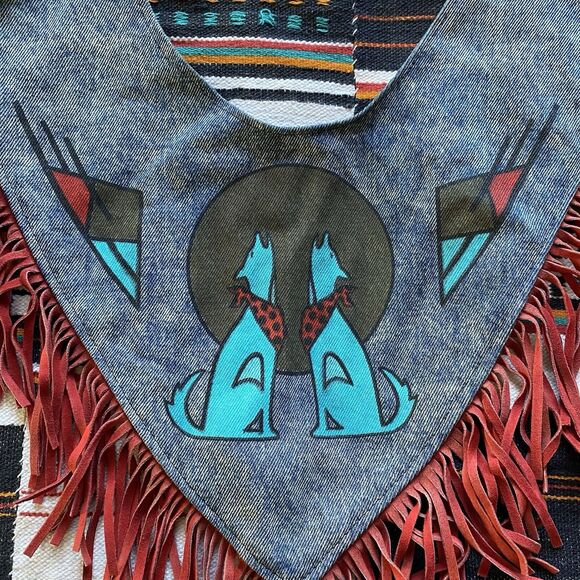 Vintage Pioneer Wear Dickie Western Aztec Leather Denim Fringe Bib. OSFM. USA - Picture 8 of 11